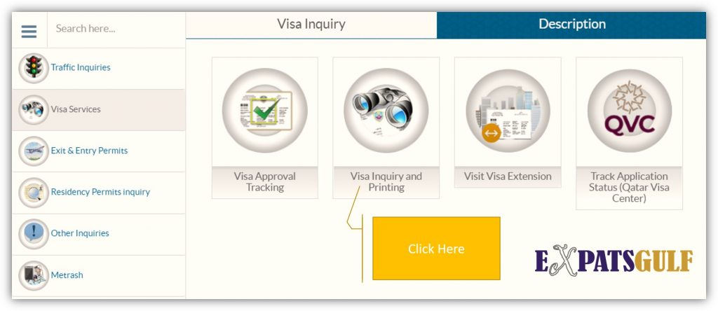 Click on Visa Inquiry and Printing