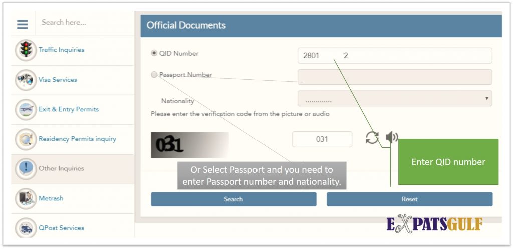 Enter Your QID Number or Chose Passport and Enter Nationality