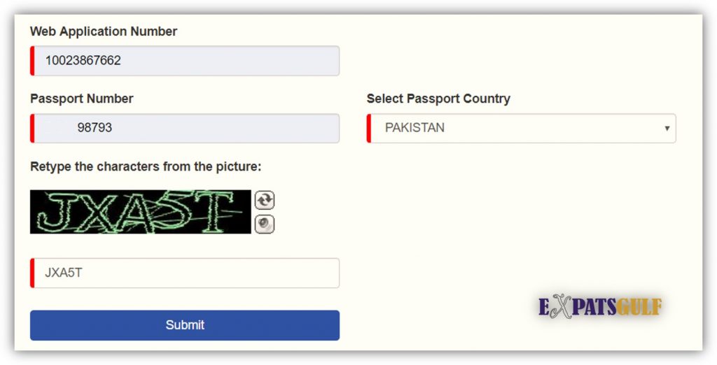 Put Web Application number and passport number, country to check visa status